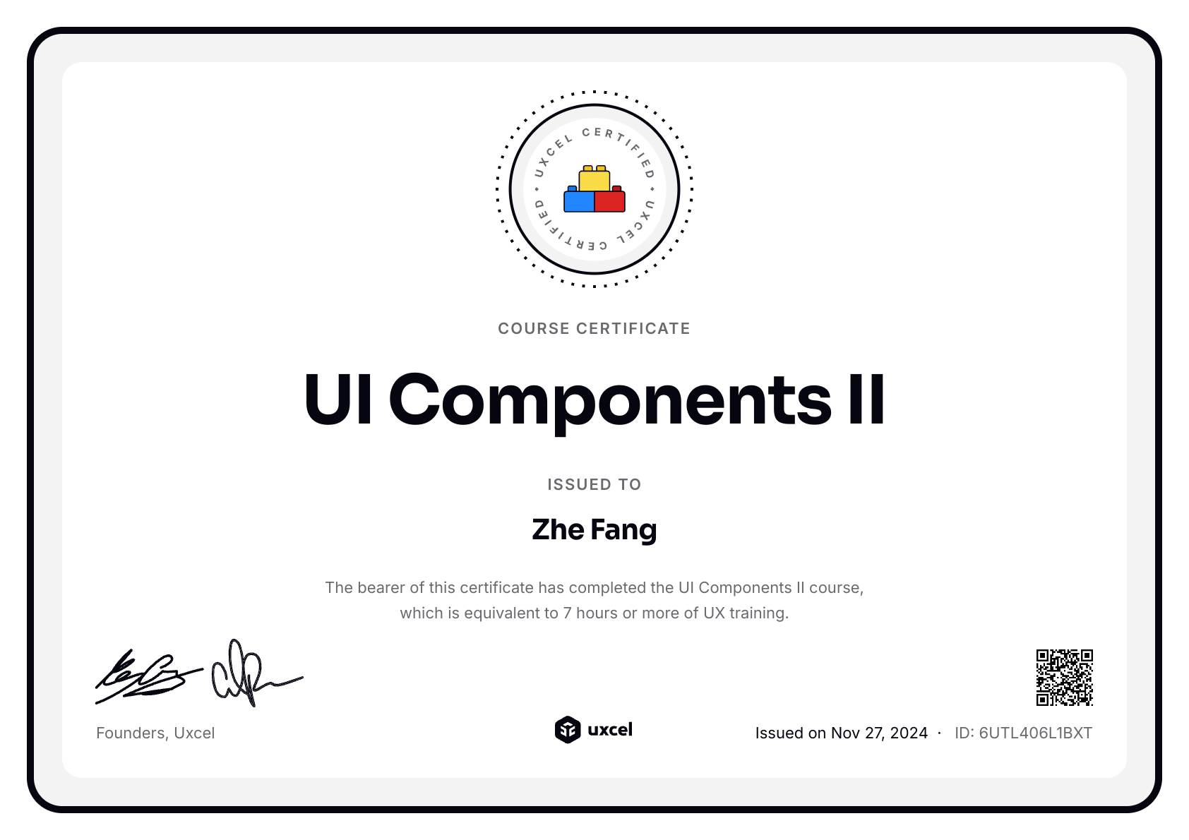 Zhe Fang's certificate